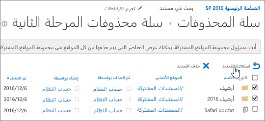 إعادة تدوير المستوى الثاني ل SharePoint مع تمييز زر الاستعادة