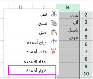 الخيار "إخفاء"