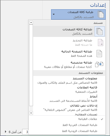 لقطة شاشة لجزء "طباعة" مع توسيع قائمة "طباعة كل الصفحات" لعرض خيارات إضافية.