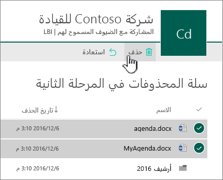 محذوفات من المستوى الثاني ل SharePoint Online مع تمييز زر الحذف