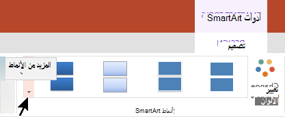 ضمن أدوات SmartArt، حدد السهم أنماط إضافية لفتح معرض أنماط SmartArt