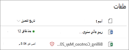 لقطة شاشة للملفات في OneDrive for Business مع اكتشاف واحدة على أنها ضارة