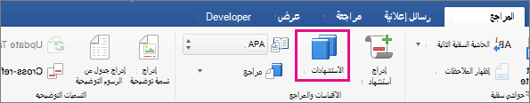 في علامة تبويب "المراجع"، يتم تمييز الاقتباسات.