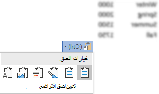 تم توسيع زر خيارات اللصق، بجوار بعض بيانات Excel، لإظهار الخيارات