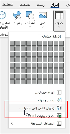 يتم تمييز خيار تحويل النص إلى جدول في علامة التبويب إدراج.