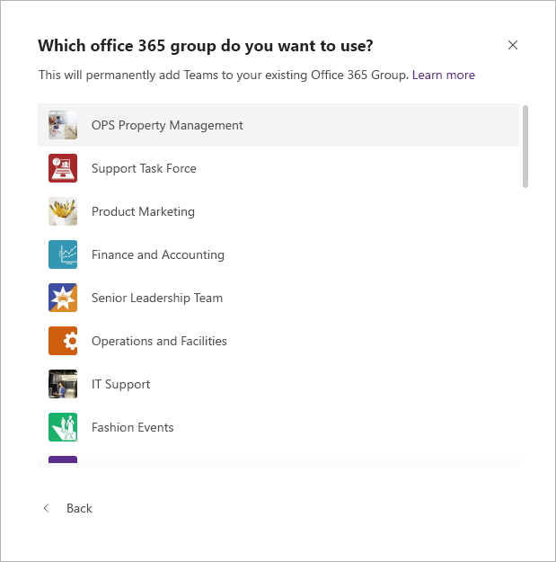 إنشاء فريق من مجموعة موجودة في Microsoft Teams