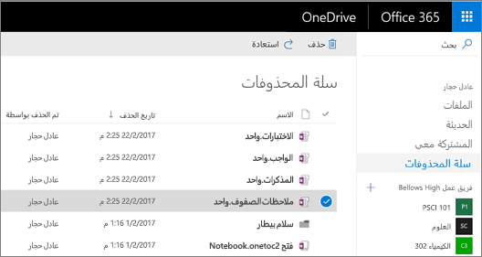 سلة محذوفات OneDrive مع قائمة بصفحات دفتر الملاحظات.