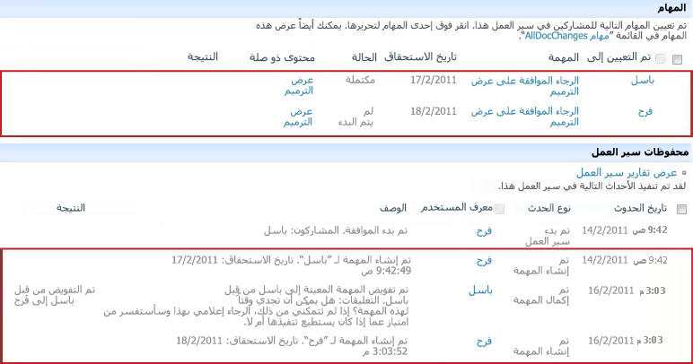 المنطقتان "المهام" و"المحفوظات" على الصفحة "حالة سير العمل" للمهمة المُعاد تعيينها