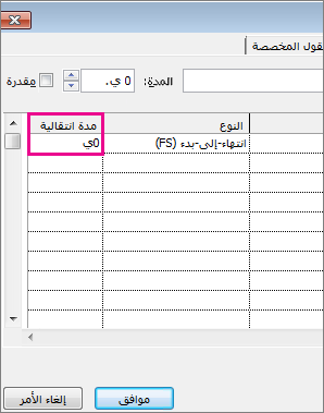 عمود المدة الانتقالية في المربع "معلومات المهمة".