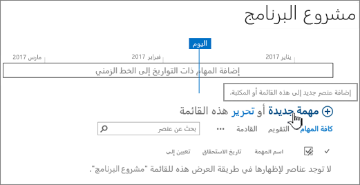 المخطط الزمني للمهام، انقر فوق جديد + لإضافة مهام