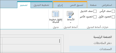 لقطة شاشة لشريط SharePoint Online. استخدم علامة التبويب "تصميم" لتحديد خانات الاختيار لصف الرأس وصف التذييل والعمود الأول والعمود الأخير في جدول، وكذلك للاختيار من بين أنماط الجدول والإشارة إلى إذا كان الجدول يستخدم خطوط الشبكة.