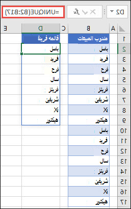 الدالة UNIQUE تُستخدم لفرز قائمة بالأسماء