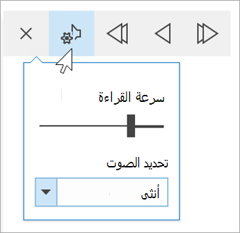 لقطة شاشة لشريط أدوات خيارات صوت القارئ الشامل. تمرير الماوس فوق الإعدادات للكشف عن تبديل لسرعة القراءة والقوائم المنسدلة لتحديد الصوت