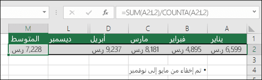 استخدام SUM مع الدالات الأخرى.  الصيغة الموجودة في cellM2 هي ‎=SUM(A2:L2)/COUNTA(A2:L2)‎.  ملاحظة: تم إخفاء الأعمدة مايو-نوفمبر.