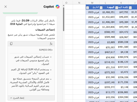 لقطة شاشة لكيفية شرح الصيغ باستخدام Copilot في Excel.