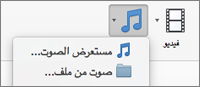 القائمة "إدراج صوت" تحتوي على اختيارات صوت من ملف ومستعرض الصوت