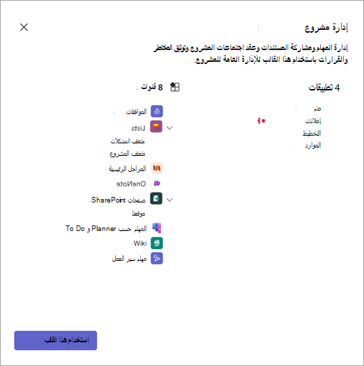 لقطة شاشة تعرض تفاصيل قالب الفريق