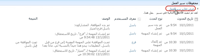 النقر فوق الارتباط "عرض تقارير سير العمل" في القسم "محفوظات سير العمل"