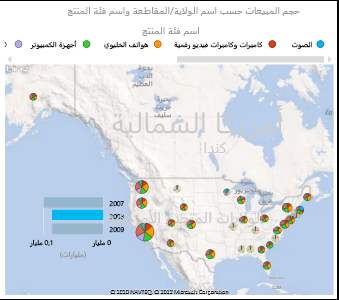 خريطة Power View للولايات المتحدة مع استخدام مخططات دائرية