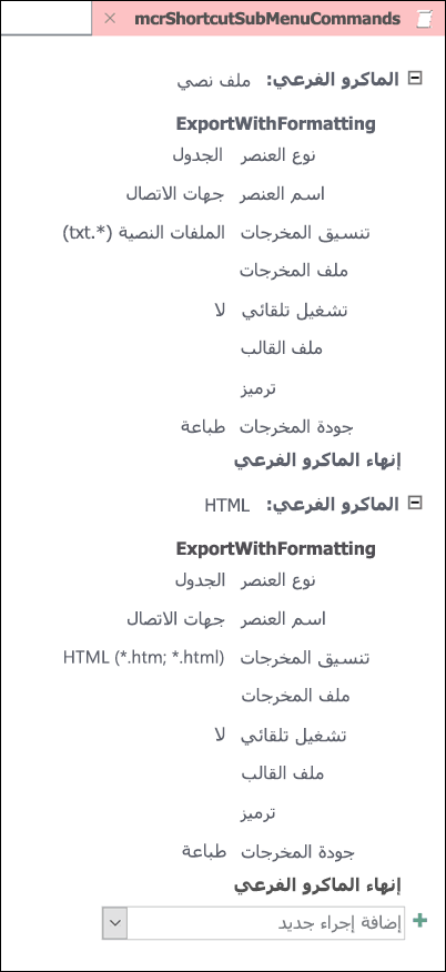 لقطة شاشة لماكرو في Access مع اثنين من الماكرو الفرعية