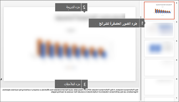جزء الصور المصغرة وجزء الشرائح وجزء الملاحظات في PowerPoint for Mac