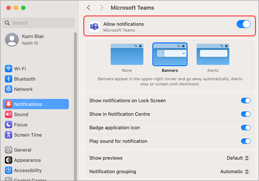 تسمح إعدادات نظام Mac بإشعارات Microsoft Teams