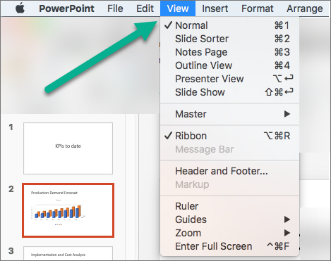 القائمة "عرض" في PowerPoint