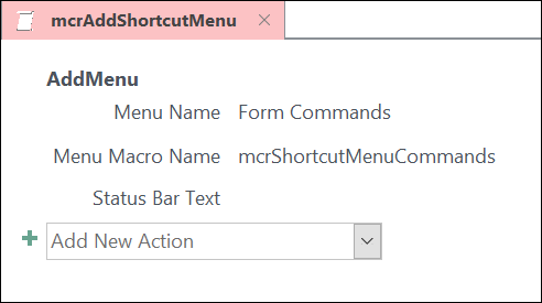 لقطة شاشة لكائن ماكرو Access مع إجراء ماكرو AddMenu.