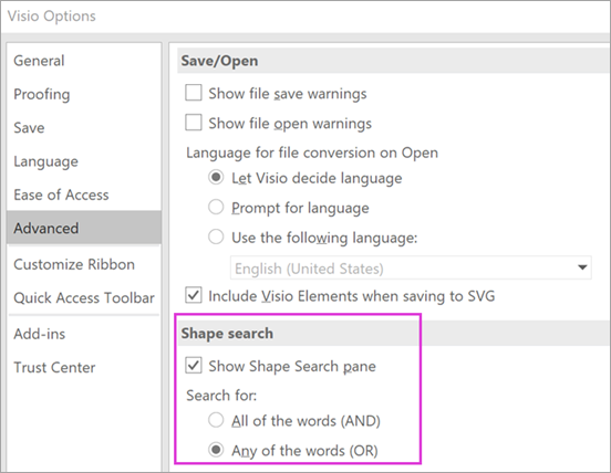 Visio Options \ Advanced \ Shape Search settings