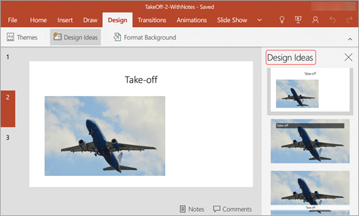 تظهر لقطة الشاشة Designer في PowerPoint على Android مع ظهور أفكار التصميم على الجانب الأيسر من النافذة.
