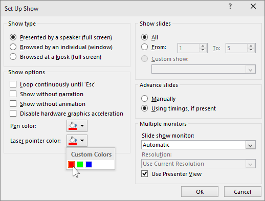 إظهار خيارات مؤشر الليزر في PowerPoint