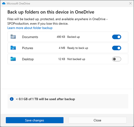 لقطة شاشة Onedrive للنسخ الاحتياطي للإصدار الثالث