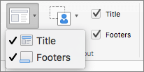 تظهر لقطة الشاشة خيارات العنوان والتذييلات المتوفرة في مجموعة التخطيط الرئيسي.