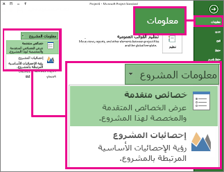 قائمة "معلومات المشروع" مع تمييز "خصائص متقدمة"