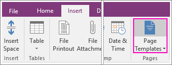 لقطة شاشة للزر "قوالب الصفحة" في OneNote 2016.