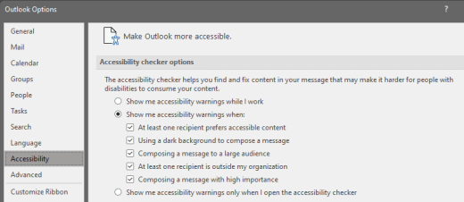 خيار مدقق الوصول في Outlook for Windows.