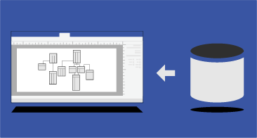 أيقونة قاعدة البيانات وسهم ورسم تخطيطي في Visio يمثل قاعدة بيانات