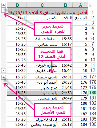 استخدام التقسيم لعرض منطقتين من الصفوف