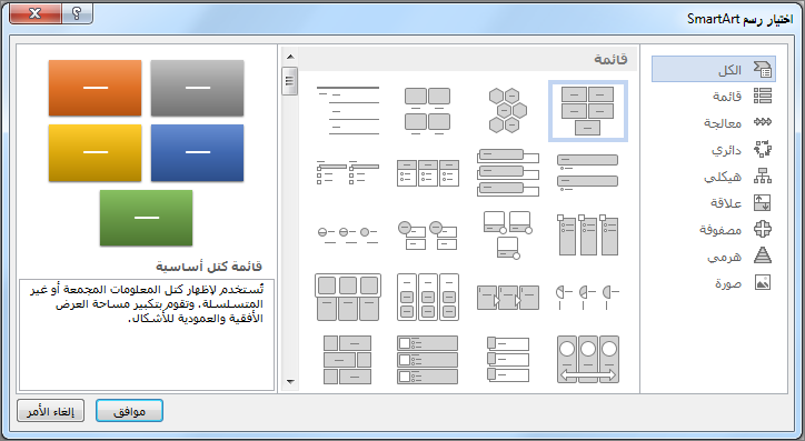 الاختيارات في مربع الحوار اختيار رسم SmartArt