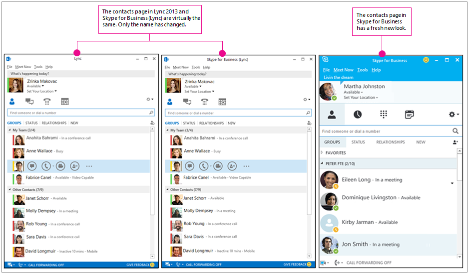 Сравнение на страницата с контакти на Lync 2013 и страницата с контакти на Skype за бизнеса една до друга