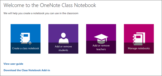 Съветник за бележник на класа на OneNote с икони за Създаване на съдържание бележник на класа, добавяне или премахване на ученици, добавяне или премахване на учители и управление на бележници.