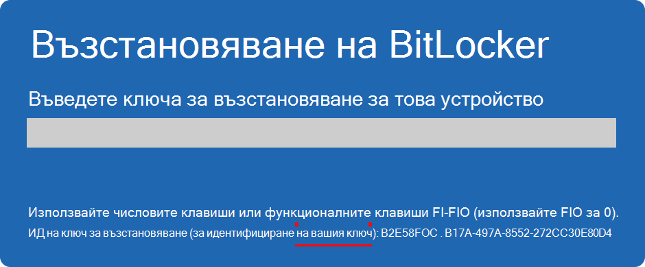 Екранна снимка на екрана за възстановяване на BitLocker, осветяваща ИД на ключа.