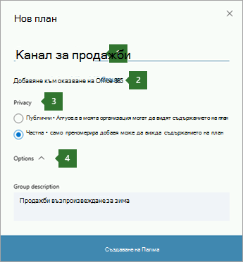 Екранна снимка на диалоговия прозорец "Планировчик нов план", показващ изнесени означения за 1 име, въведени в "Канал за продажби", 2 опция за "Добавяне към съществуваща Office 365 група", 3 опции за поверителност и падащ списък 4 Опции.