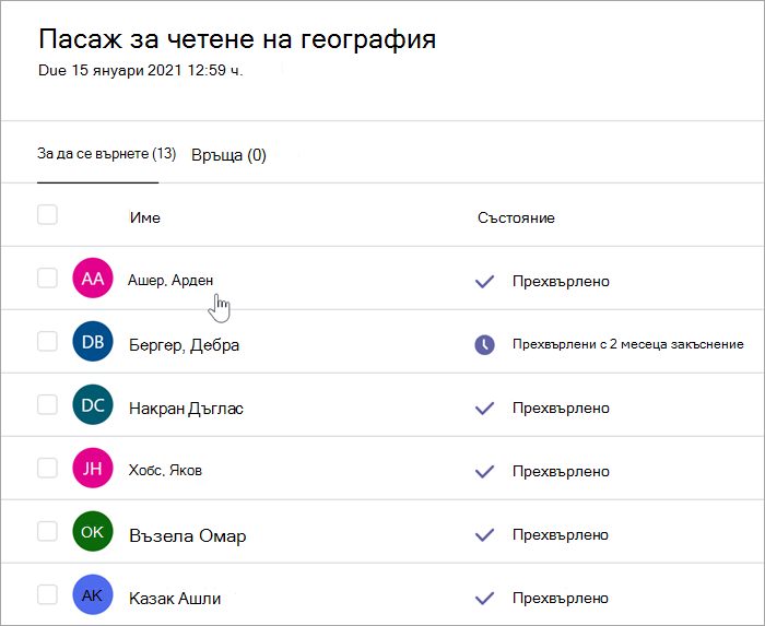 Екранна снимка на екрана за оценяване на учители, която гласи: Четене на пасаж от географията., след 15 януари 2021 г., 12:59 ч., има два раздела, за връщане (13) и върнати (0). Изгледът на раздела за връщане е избран, а две колони са видими – имена и състояние. Редица имена на ученици са изброени, а състоянията включват предадени с 2 месеца закъснение" и "Гледани"