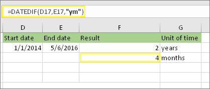 =DATEDIF(D17;E17;"ym") и резултат: 4