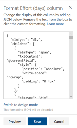 Екранът Advanced mode JSON за форматиране SharePoint колони