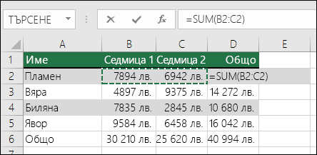 Клетка D2 показва формулата Sum за автосумиране: =SUM(B2:C2)