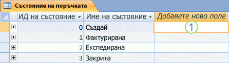 Лист данни в Access с колона ''Добавяне на ново поле''