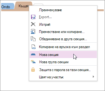 Добавяне на нова секция в OneNote.