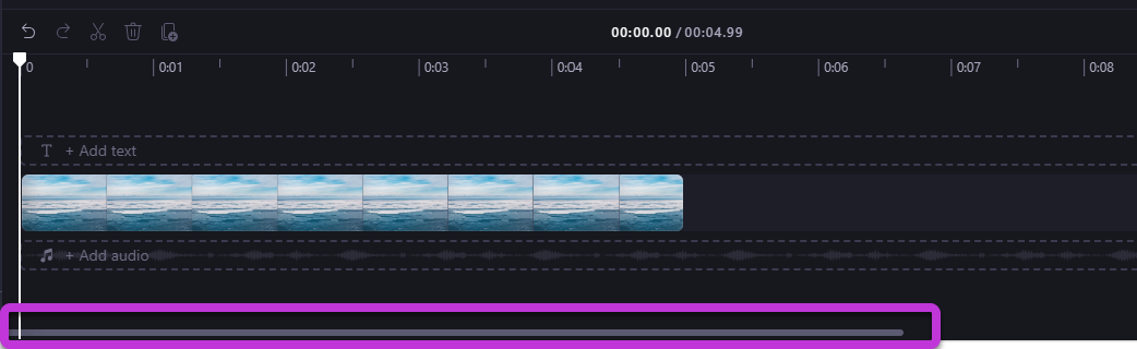 Използвайте екранната лента, за да се придвижвате по времевата линия на Clipchamp